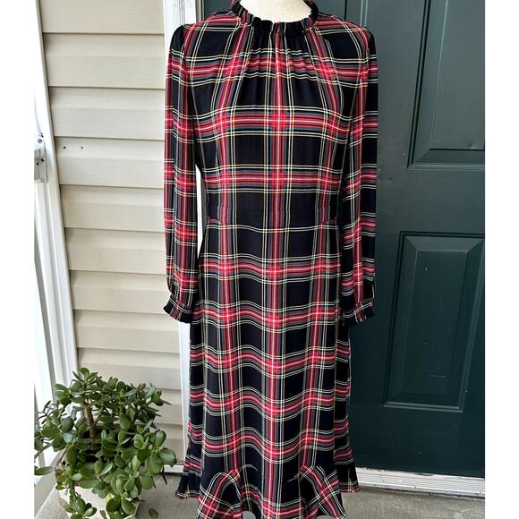 NWT J. Crew Factory Sz 8 Ruffleneck Tartan Plaid Long Sleeve Midi Peasant Dress - Picture 1 of 9